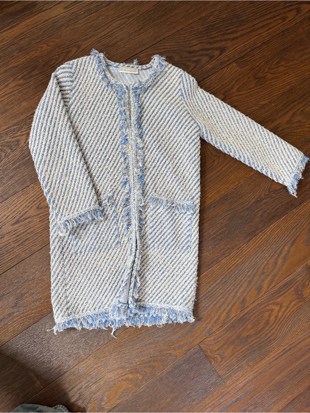 Stefanel Blue & Cream Fringe Tweed Longline Blazer